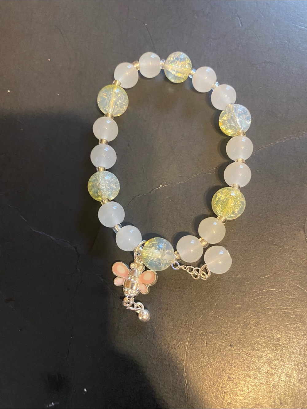Crystal Bead Bee Charm Bracelet - White and Yellow